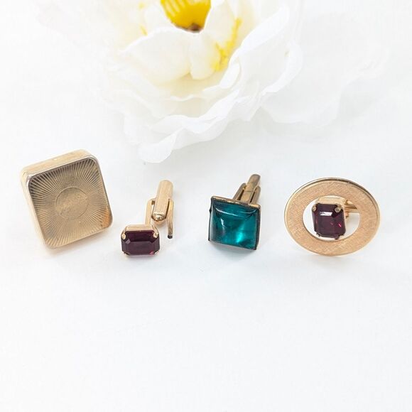 Destino 12 Karat Gold Filled Hickok Cufflinks with Ruby and Green Cabochon Gems - Picture 1 of 9